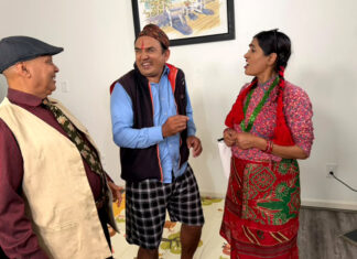 ‘म तर्चु कि क्या हो’ आजदेखि प्रसारणमा, अमेरिका हुँदै विश्वभरका नेपालीलाई जोड्ने प्रयास ‘म तर्चु कि क्या हो’ शृंखलाको दृश्यमा धुर्मुस–सुन्तली र कलाकार