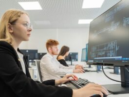 Students learning in a technology-focused classroom