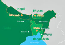 South Asia connectivity map showing the correct geographic positions of Nepal and Bangladesh