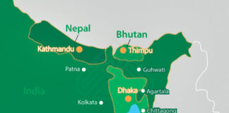 South Asia connectivity map showing the correct geographic positions of Nepal and Bangladesh