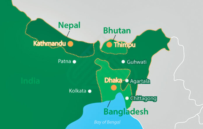 South Asia map showing Nepal and Bangladesh South Asia connectivity map showing the correct geographic positions of Nepal and Bangladesh