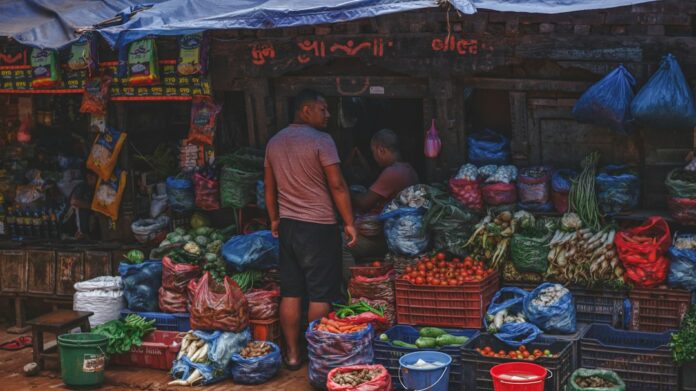A vegetable seller and produce display representing rising prices of food and daily essentials in Nepal