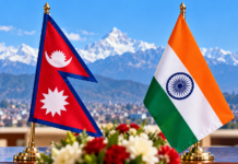 नेपाल–भारतका सीमा सुरक्षा प्रमुखहरूको बैठकमा सीमापार अपराध नियन्त्रण मुख्य एजेन्डा नेपाल र भारतका राष्ट्रिय झण्डा सँगसँगै राखिएको प्रतिनिधिमूलक तस्बिर