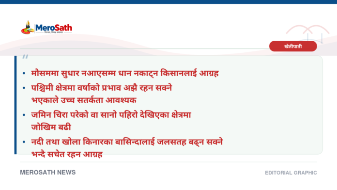 मौसम नखुलेसम्म धान नकाट्न मौसमविद्को आग्रह — MeroSath branded graphic मौसम नखुलेसम्म धान नकाट्न मौसमविद्को आग्रह